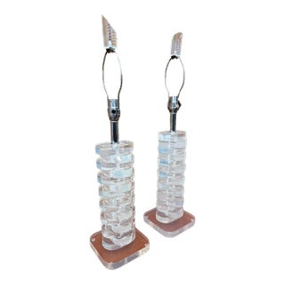 A Pair of Vintage Mid Century Modern Stacked Lucite Blocks Table Lamps in the Karl Springer Style. Circa 1970s For Sale