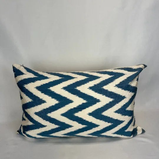 Turkish Modern Blue Silk Ikat Pillow Cover For Sale In Houston - Image 6 of 6