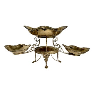 French Revival Brass Epergne Centerpiece With Three Scalloped Removable Bowls For Sale