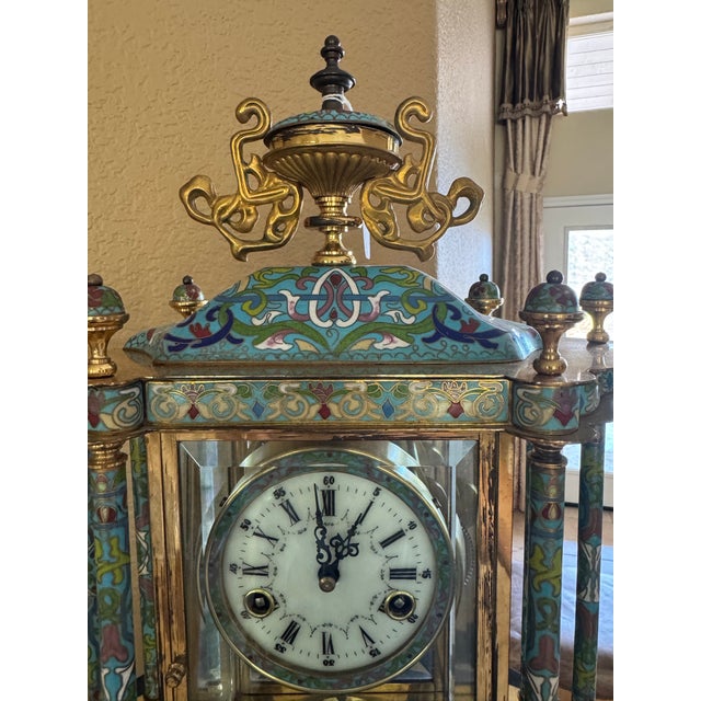 Stunning Vintage Cloisonné Champleve’ Enamel Colonnade Mantel Clock For Sale - Image 4 of 12