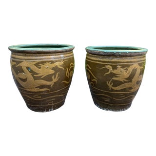 Extra Large Asian Tony Duquette Style Dragon Egg Pot Ochre Turquoise Planters - a Pair For Sale