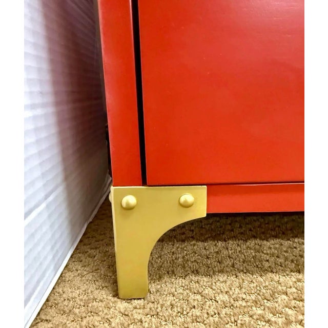 Ballard Designs Red Campaign Style Three Drawer Chest With Brass Hardware. For Sale - Image 4 of 8