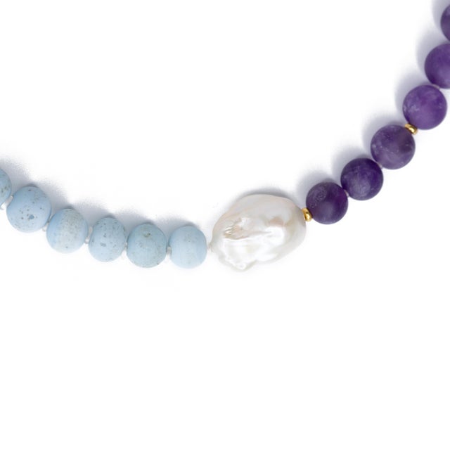 Metal Baroque Pearl Amethyst Color Block Necklace For Sale - Image 7 of 8