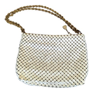 Original Whiting & Davis White Metal Mesh Purse With Gold Chain For Sale