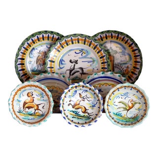 Vintage Spanish Triana Earthenware Lebrillo Bowl and Plate Set- 11 Pieces For Sale