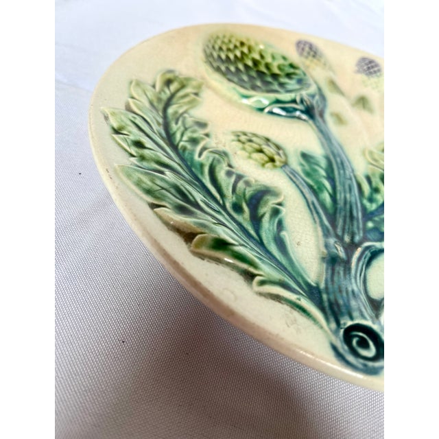 Antique Late 1800s Luneville Barbotine Majolica Asparagus and Artichoke Plate For Sale - Image 11 of 13