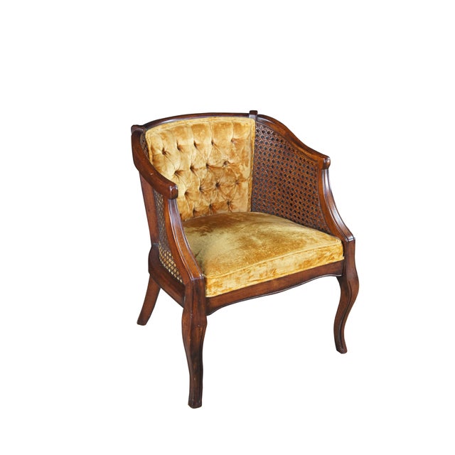 Mid-Century Modern Mid 20th Century French Walnut Caned Tufted Velvet Barrel Back Bergere Club Lounge Armchair For Sale - Image 3 of 10