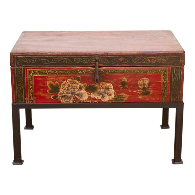 Vintage Painted Chest on Iron Stand End Table For Sale