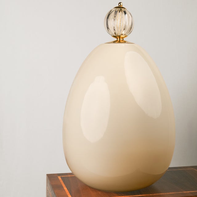 Ovo Table Lamp in Cream Opal Glass with Cut Crystal and Brass Finial, 1980s For Sale - Image 3 of 3