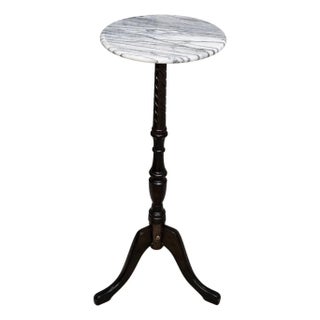 Vintage Spiral Carved Wood Tripod Pedestal Table With New Marble Top, 32" For Sale