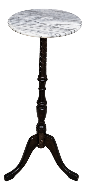 Vintage Spiral Carved Wood Tripod Pedestal Table With New Marble Top, 32"