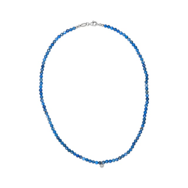 2020s Sterling Silver Diamond Accent Blue Lapis Bead Station Necklace For Sale - Image 5 of 5