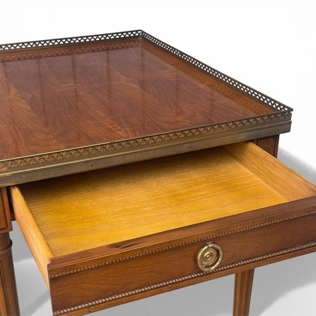 Baker Furniture Company Baker Furniture Louis XVI Side Table With Walnut Veneer & Brass Gallery For Sale - Image 4 of 12