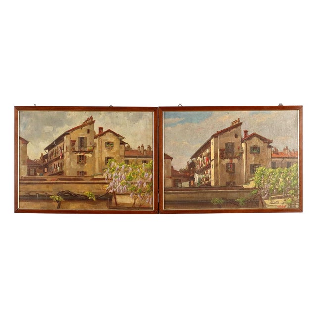 Giuseppe Viviani, Scenes with House Including Double-Sided Artwork, Oil Paintings, Set of 2 For Sale