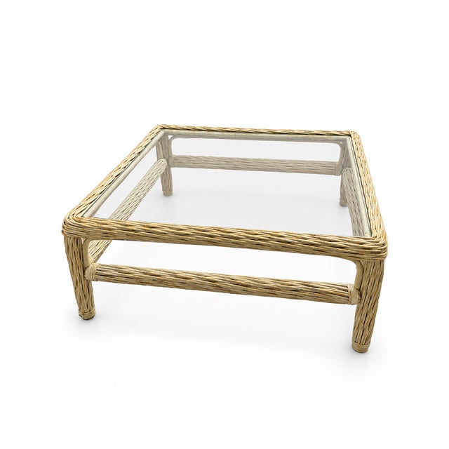 Late 20th Century Coastal Wicker and Rattan Square Glass-Top Coffee Table For Sale In Las Vegas - Image 6 of 8