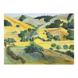 Late 20th Century Yellow and Green Rolling Hills Watercolor Landscape Painting For Sale