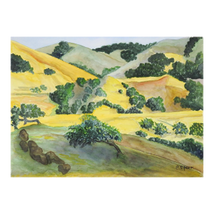 Late 20th Century Yellow and Green Rolling Hills Watercolor Landscape Painting