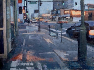 Broadway by Jim Beckner | Oil Painting of a city street at dusk with storefronts and traffic