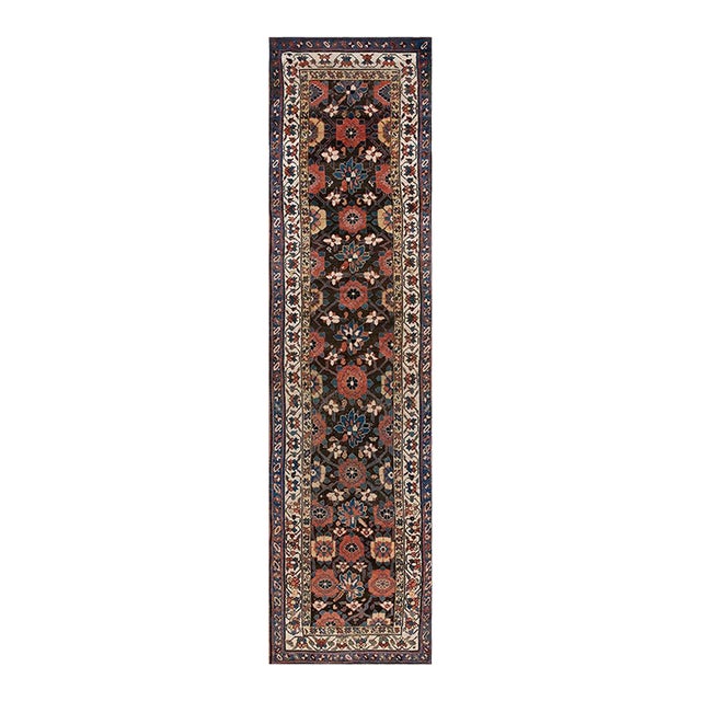 1870s Brown Geometric Tribal Antique North West Persian Rug 3'8" X 13'0" Knotted Wool Carpet For Sale