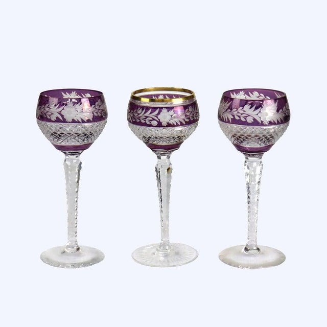 Antique Bohemian Amethyst Floral Cut to Clear Crystal Stemmed Wine Goblets - Set of 3 For Sale - Image 6 of 11