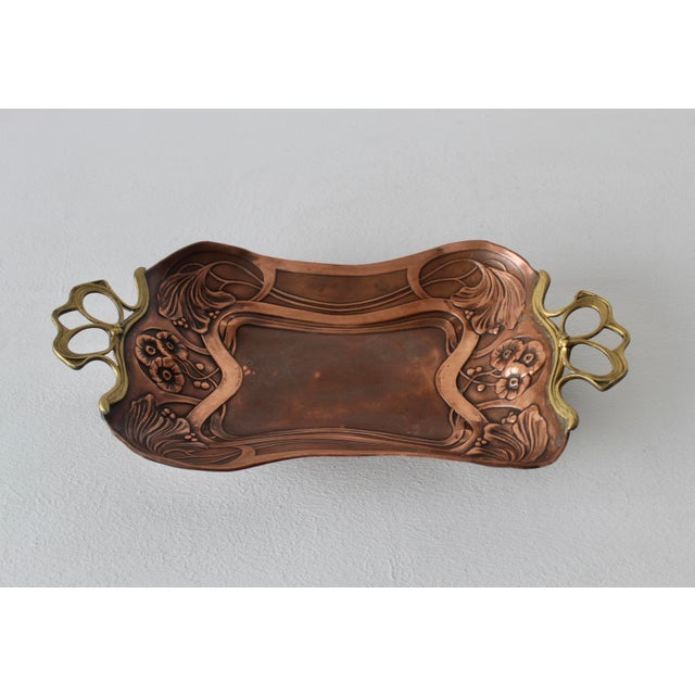 Art Nouveau Carl Deffner Style Art Nouveau Embossed Copper Brass Handles Decorative Tray Vintage For Sale - Image 3 of 10