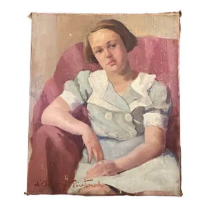 Oil on Canvas Representing Young Girl on the Sofa Signed Louise d'Aussy Pintaud 1935