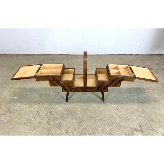 1960’s Mid Century Modern Expanding Wooden Sewing Box For Sale - Image 9 of 12