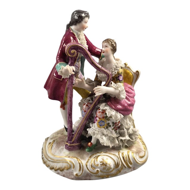 Ceramic French Porcelain Lace Group of Musical Couple from Bourdois & Bloch For Sale - Image 7 of 11