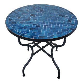 32" Moroccan Round Mosaic Table, Blue Petrol Bejmat Style / Squares For Sale