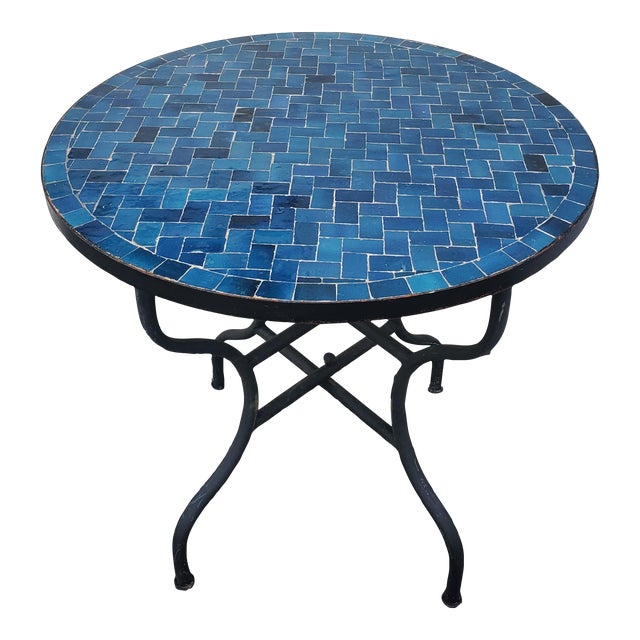 32" Moroccan Round Mosaic Table, Blue Petrol Bejmat Style / Squares For Sale