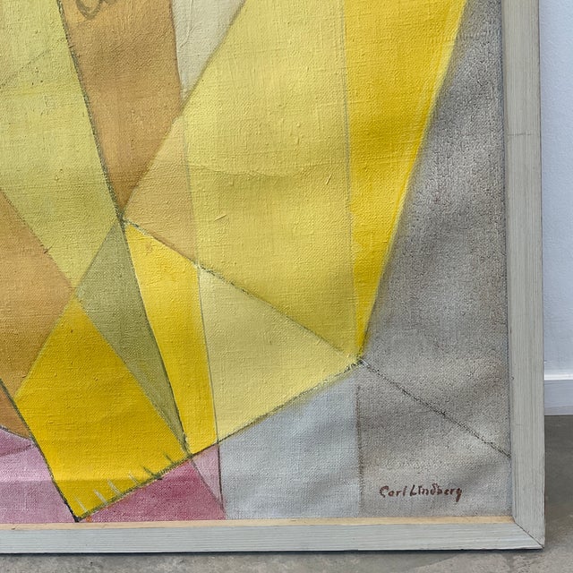 Large cubist abstract oil on canvas by Swedish modernist painter Carl Lindberg (1917-2000). Palette of rich yellows with...
