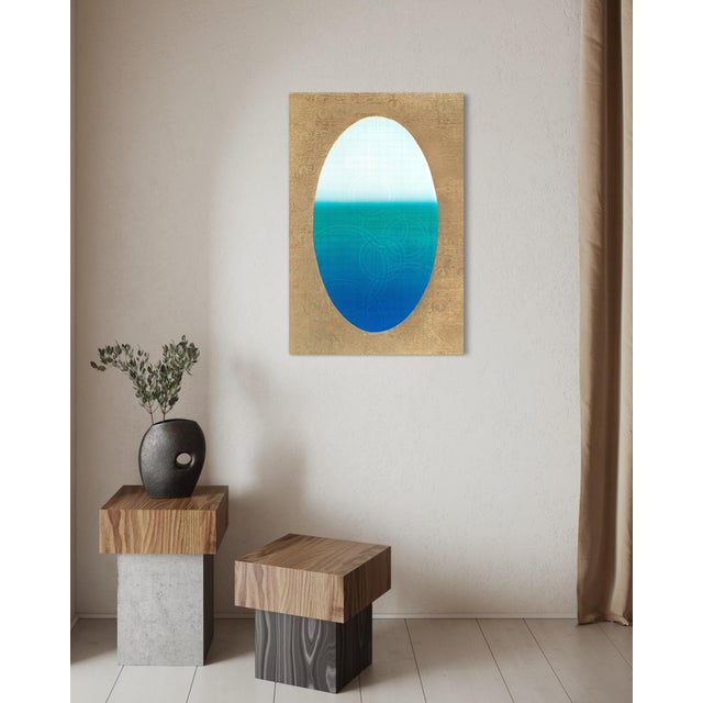 Contemporary Rebecca Koury "Tapestry of Tropical Waters" Blue Teal Gold Contemporary Abstract Painting, Acrylic and Mixed Media on Canvas, Carmel California Art For Sale - Image 3 of 3