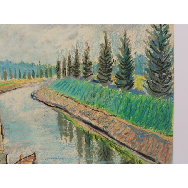 Paper 50s Mid-Century Swedish Folk Art Original Oil Pastel Painting, Canal With a Rowboat and Greenery For Sale - Image 7 of 18