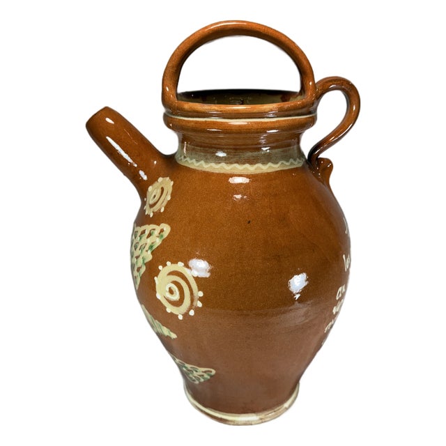 French Artisan Pottery Harvest Jug — Hand-Thrown Terracotta Glazed Vessel, 2003 Grape Harvest Commemorative For Sale