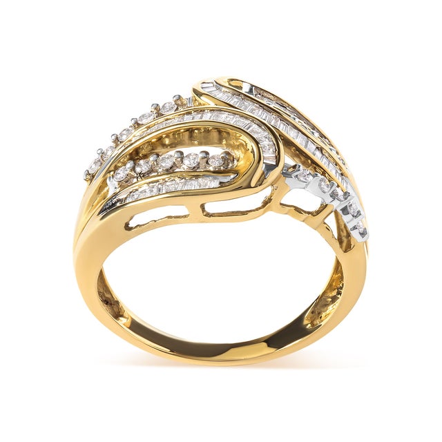 This stunning 10K yellow gold ring is the epitome of elegance and sophistication. With a unique open space bypass design,...
