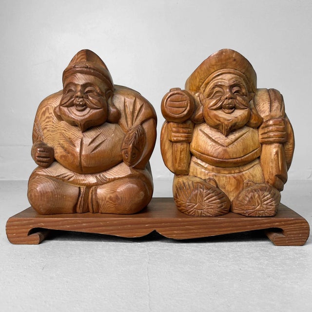 Wooden Ebisu and Daikoku Deity Statues on Base, Japan, 1950 For Sale - Image 12 of 12