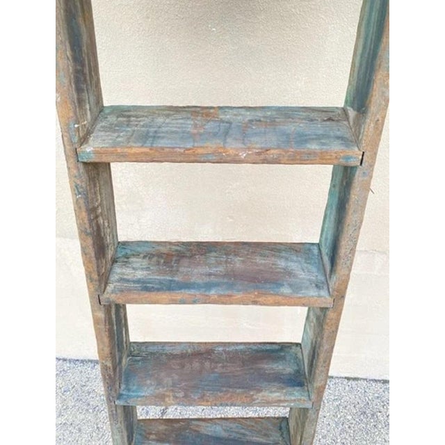 Rustic Antique French Rustic Primitive Green Distress Painted Wooden Barn Ladder For Sale - Image 3 of 11