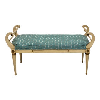 1960s Neo-Classical Style Italian Bench in Turquoise Linen For Sale