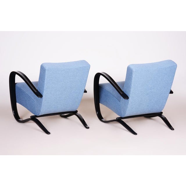Set of Art Deco Model H-269 Lounge Chairs in Beech and Blue Upholstery attributed to Jindřich Halabala for Up Závody, Former Czechoslovakia, 1930s For Sale - Image 3 of 18