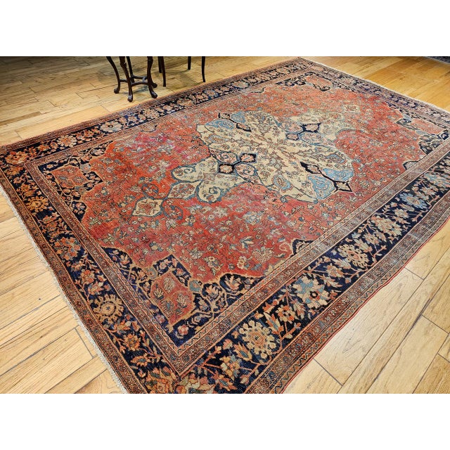 Textile Mid 19th Century Persian Farahan Rug, Hand-Knotted Wool, Floral Medallion Pattern, Red & Blue, 8x12 For Sale - Image 7 of 18