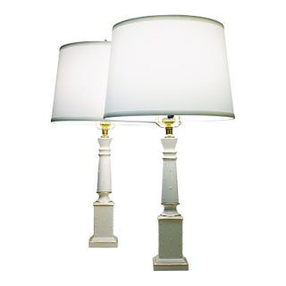 Matched Pair Lenox Quoizel Neoclassic Hollywood Regency Modern Column Porcelain Table Lamps 1960's For Sale
