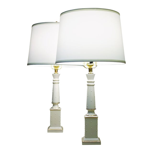 Matched Pair Lenox Quoizel Neoclassic Hollywood Regency Modern Column Porcelain Table Lamps 1960's For Sale