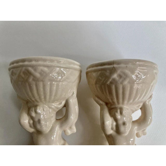 Mid 20th Century Mid 20th Century Cream Ceramic Cherub Vases Candle Holders - A Pair For Sale - Image 5 of 13