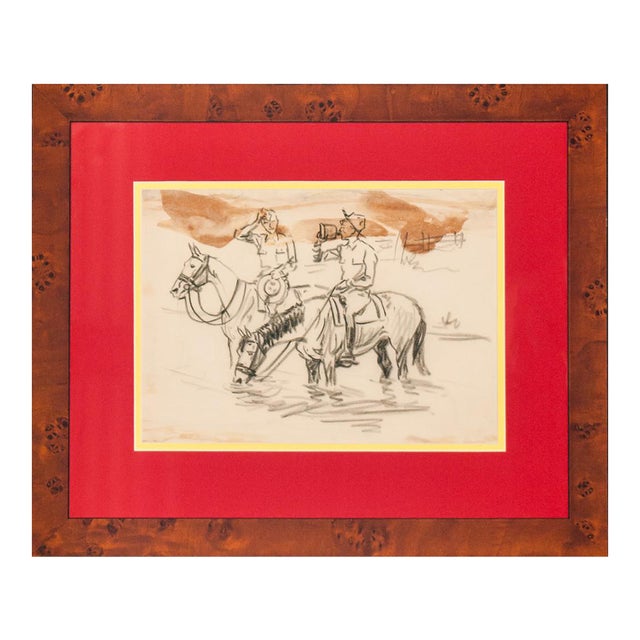 1940s Two Cavalry Officers Pencil Drawing by Paul Brown For Sale