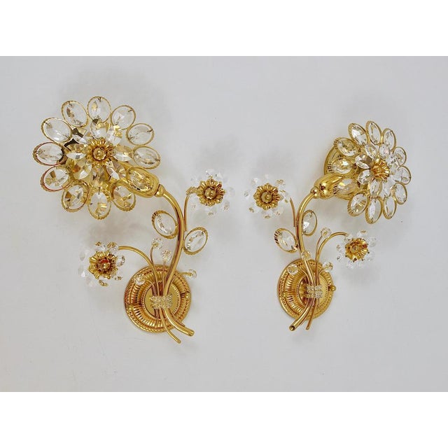 Gilt Brass Flower Wall Lights with Crystals from Palwa, Germany, 1970s, Set of 2 For Sale - Image 12 of 15