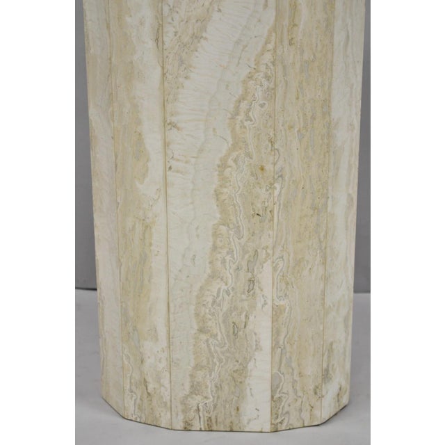 Stone Vintage Postmodern Travertine Stone Small 20" Modern Pedestal Stand Side Table For Sale - Image 7 of 13