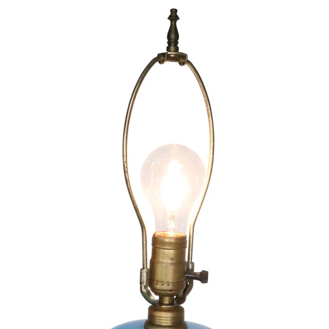 Early 20th Century Electrified Oil Lamp With French Blue Opaline Glass Font For Sale - Image 4 of 10