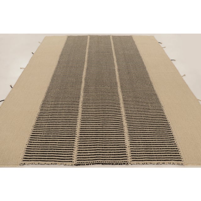 Contemporary Rug & Kilim Contemporary Rez Kilim Flatweave Rug With Black & Beige Stripes For Sale - Image 3 of 9