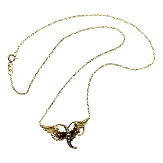 Late 19th Century Victorian 14k Gold Angel Winged Necklace With Seed Pearls For Sale