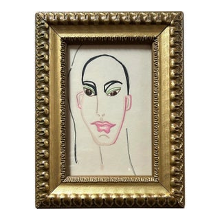 Vintage 1970’s Small Abstract Drawing Portrait in Gold Frame For Sale